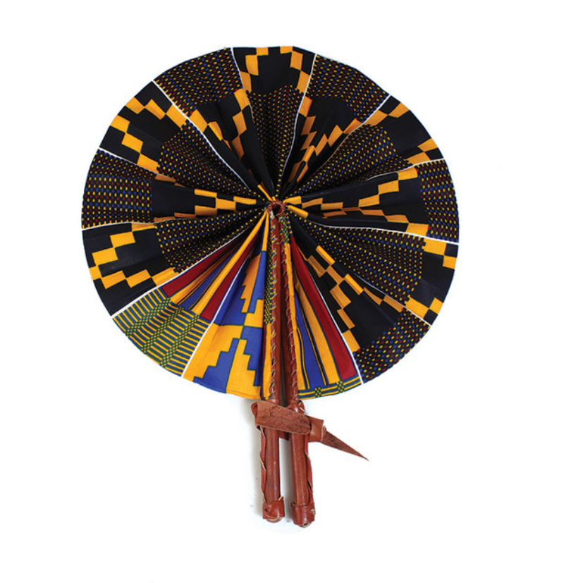 BLACK/BLUE KENTE LEATHER FOLDING FAN (1.76LBS) image 0