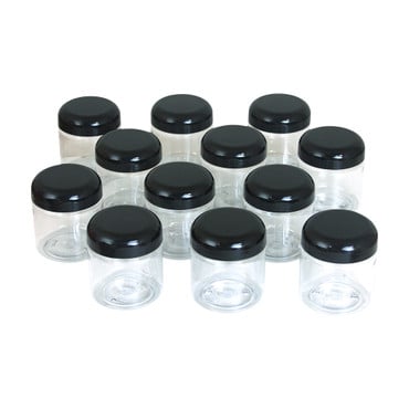 Set Of 12 Clear Plastic Jars & Black Lids - 4oz. image 0