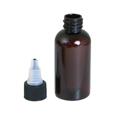 Set Of 12 Plastic Amber Bottles & Liquid Dispensing Cap - 2 oz. image 0