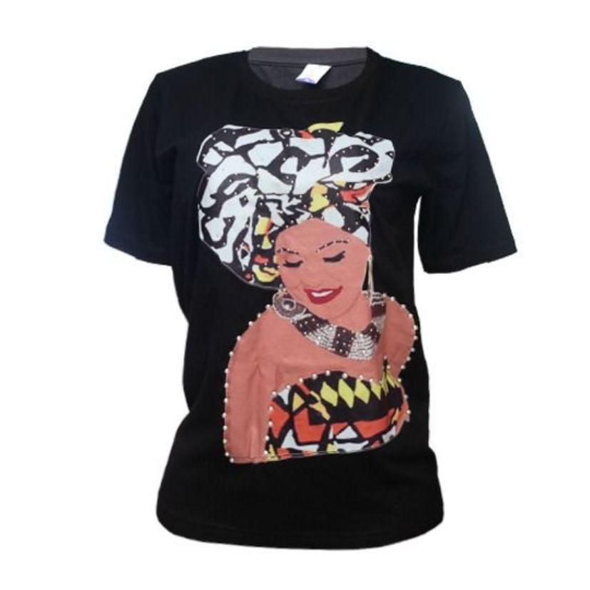Joy of the Homeland(Black Tee with Colorful Lady in Head Wrap) - XL image